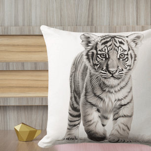 Cojín Decorativo Almohadón Cuadrado de Cachorro de Tigre Blanco y N