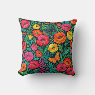 Cojín Decorativo Almohadón de amapolas abstractas y mariposas