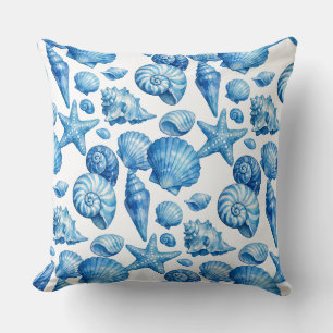 Cojín Decorativo Almohadón de conchas marinas azules. Náutico.