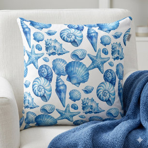 Cojín Decorativo Almohadón de conchas marinas azules. Náutico.