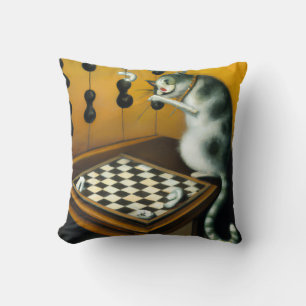 COJÍN DECORATIVO ALMOHADÓN DE GATO JUGANDO AJEDREZ VINTAGE