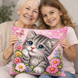 Cojín Decorativo Almohadón de punto de cruz floral de gatito lindo