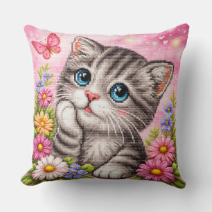 Cojín Decorativo Almohadón de punto de cruz floral de gatito lindo