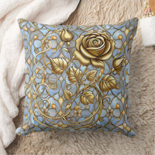 Cojín Decorativo Almohadón de Rosa Dorada sobre Vidrio Azul