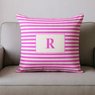 Cojín Decorativo Almohadón de Tirar con Rayas Rosa/Blanco Monograma