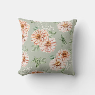 Cojín Decorativo Almohadón de Zinnia acuarela verde salvia y meloco