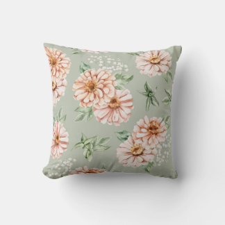 Cojín Decorativo Almohadón de Zinnia acuarela verde salvia y meloco