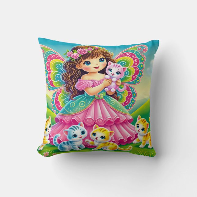 COJÍN DECORATIVO ALMOHADÓN "HADA SONRIENTE CON GATITOS" (Anverso)