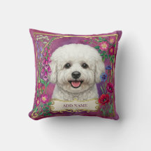 Almohadón personalizado de Bichon Frise con flores