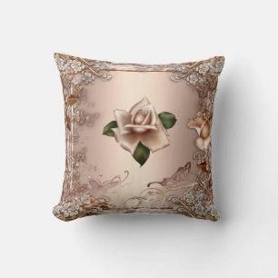 Cojín Decorativo Almohadones Rosas Beige Crema Dorado Floral