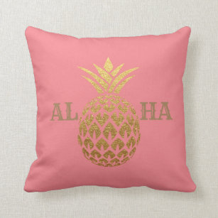 Cojín Decorativo Aloha rosa de coral de piña de oro moderno y elega