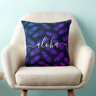 Cojín Decorativo Aloha Script Purple Blue Pineapple Pattern Hawaii