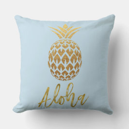 Cojín Decorativo Aloha Tropical Piña Azul y Relieve metalizado dora