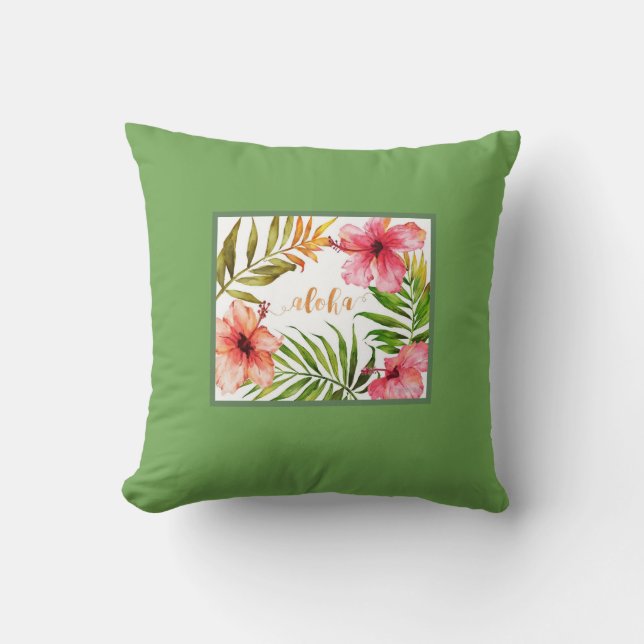 Cojín Decorativo Aloha verde hawaiano (Anverso)