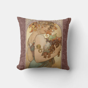 Cojín Decorativo Alphonse Mucha Frutas Art Nouveau Vintage Doncella