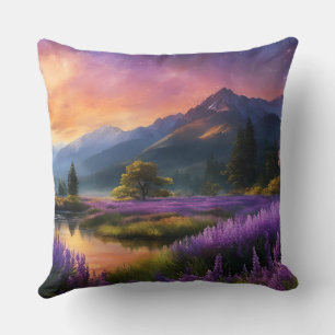 Cojín Decorativo Amanecer del valle de la montaña púrpura