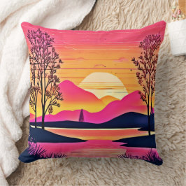 Cojín Decorativo Amanecer dorado sobre arte de lago rosado