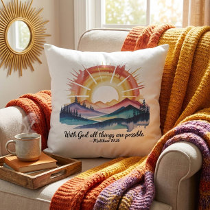 Cojín Decorativo Amanecer en la montaña en acuarela Verso de la Bib