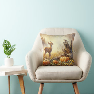 Cojín Decorativo Amanecer otoñal y pájaro en un parche de calabaza