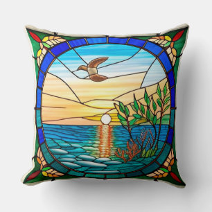 Cojín Decorativo Amanecer sobre el océano con ave volando