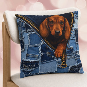 Cojín Decorativo Amante de Dachshund y Denim Parche Falso