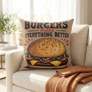 Cojín Decorativo Amante de la Hamburguesa Retro Tipografía Vintage