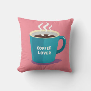 Cojín Decorativo amante de la taza de café azul rosado minimalista