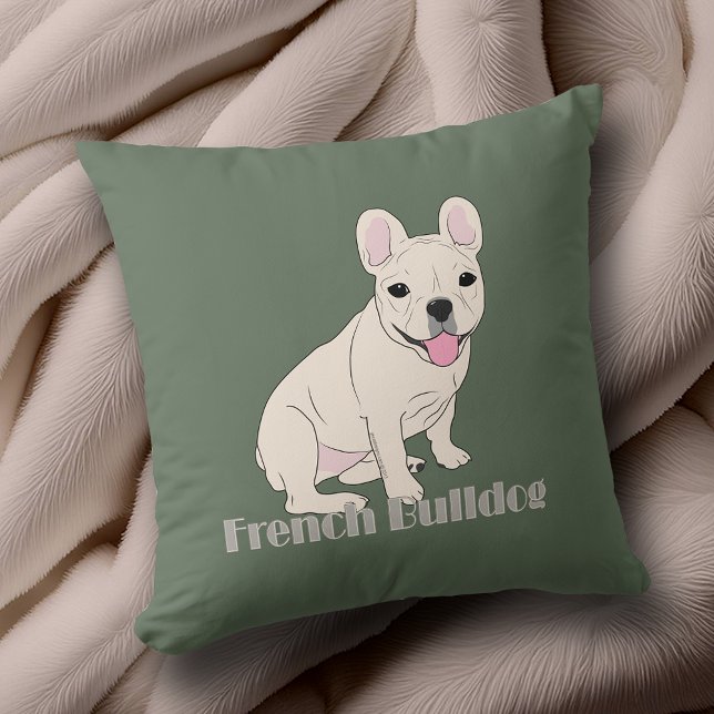 Cojín Decorativo Amantes del Bulldog francés: Sage Green (French Bulldog Lovers Sage Green Throw Pillow to add to your home decor. Design front and back.)