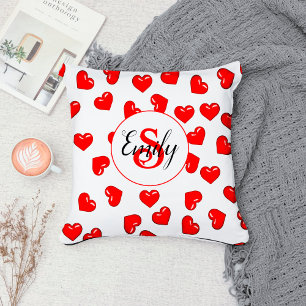 Cojín Decorativo Amantes patrón de corazón rojo en monograma blanco