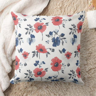 Cojín Decorativo Amapola Coral Azul Marino Floral Botánico