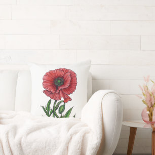 Cojín Decorativo Amapola roja, acuarela y tinta