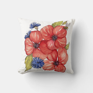 Cojín Decorativo Amapola Roja y Aciano Azul Acuarela