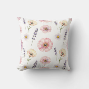 Cojín Decorativo Amapola Rosa Lavanda Margarita Floral Acuarela