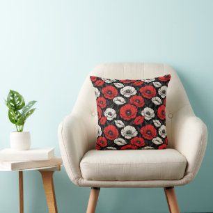 Cojín Decorativo Amapolas Art Deco en negrita en rojo y negro