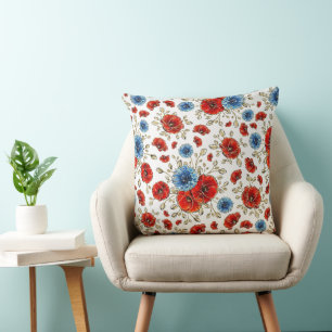 Cojín Decorativo Amapolas conmemorativas azules, rojas y doradas el