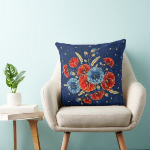 Cojín Decorativo Amapolas conmemorativas azules, rojas y doradas el