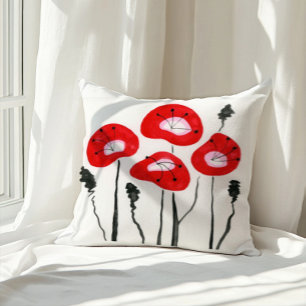 Cojín Decorativo Amapolas Rojas Patrón Floral Boho Moderno