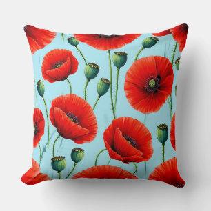Cojín Decorativo Amapolas rojas vibrantes sobre un fondo azul claro
