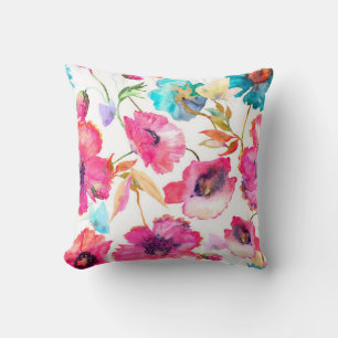 Cojín Decorativo Amapolas rojas y flores azules con mariposas, agua