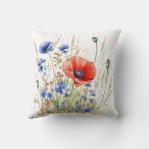 Cojín Decorativo Amapolas y acianos: Aquarela de prado rústico