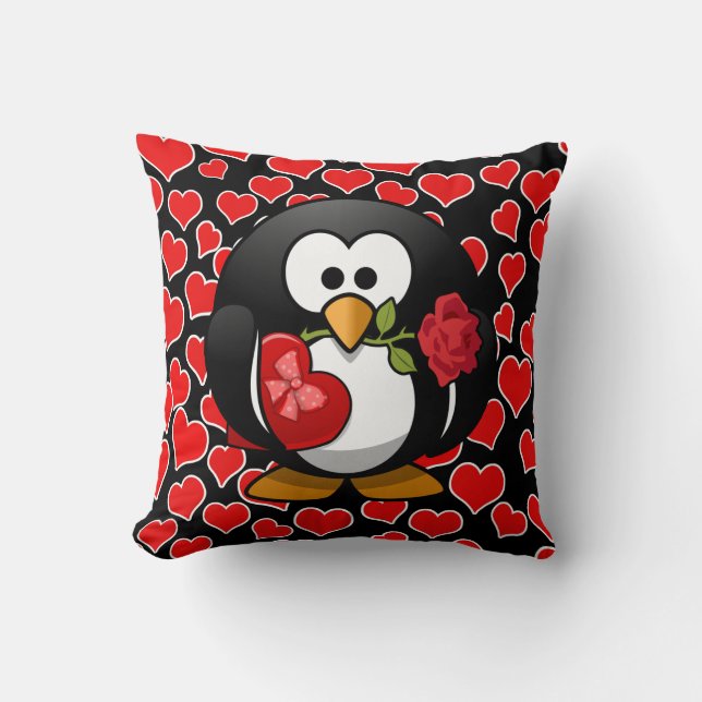 Cojín Decorativo Amar al pingüino con regalos de San Valentín (Anverso)
