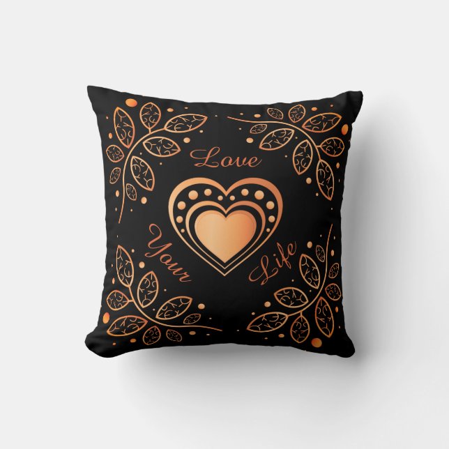 Cojín Decorativo Amar tu vida Negro y Naranja Inspiración Mandala (Anverso)