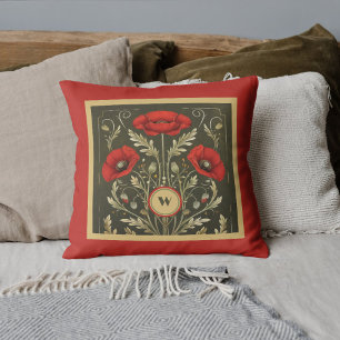 Cojín Decorativo Amaranto de Amapolas Vintage Monograma Dorado Rojo