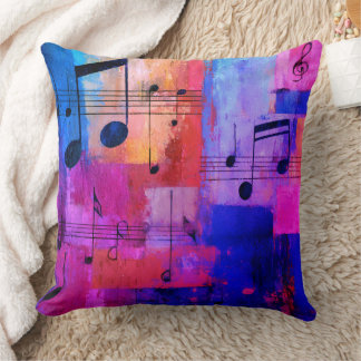 Cojín Decorativo Amarillo abstracto, rojo, azul con notas musicales