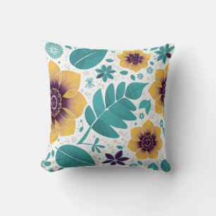 Cojín Decorativo Amarillo Brillante y Floral Teal sobre Fondo Blanc
