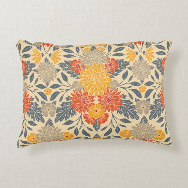 Cojín Decorativo Amarillo cálido, Naranja y floral azul (Anverso)