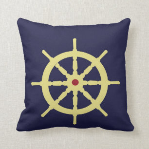 Cojín Decorativo Amarillo con el timón rojo de la nave en fondo de