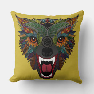 Cojín Decorativo amarillo de la lucha de lobos