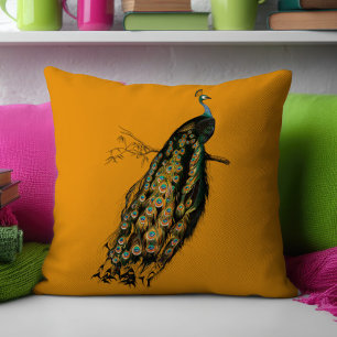 Cojín Decorativo Amarillo de mostaza de pavo real intrincado