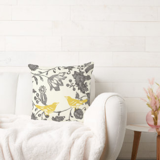 Cojín Decorativo Amarillo Gris Marfil Floral Vintage Aves del Amor